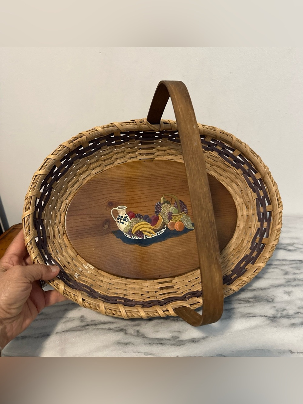Nantucket style Woven painted Fruit Basket Tray with Wooden Handle - Brown folk